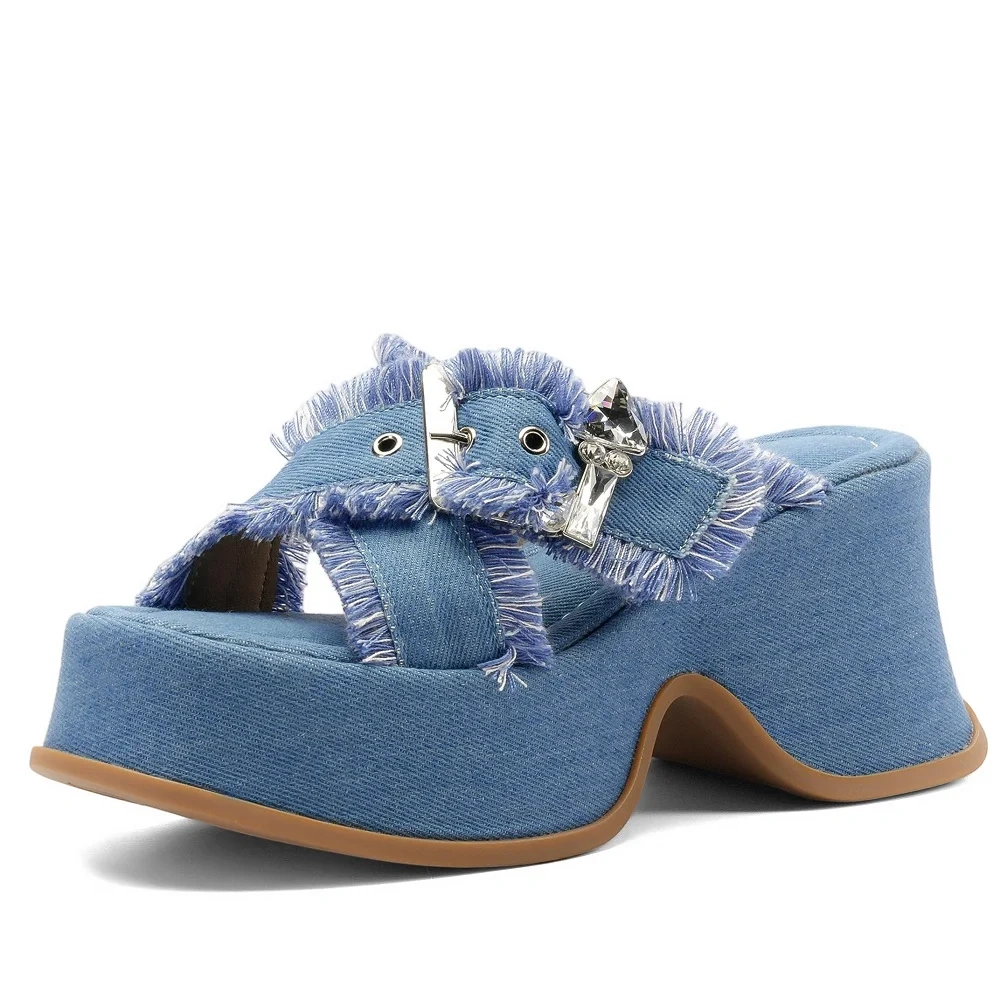 Women's Summer Fashion 9 CM Thick Sole Platform Denim Sandals Casual Open-Toe Buckle Slippers 50520