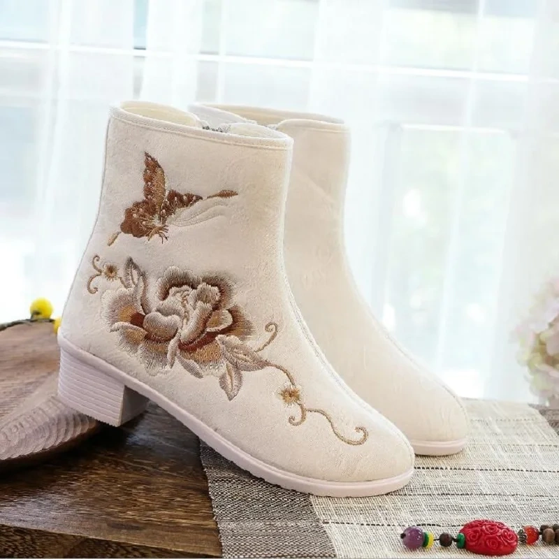 Spring Autumn New China Style Retro Thick Heels Embroider Zipper Sewing Canvas Women Ankle Short Equestrian Boots 20210701