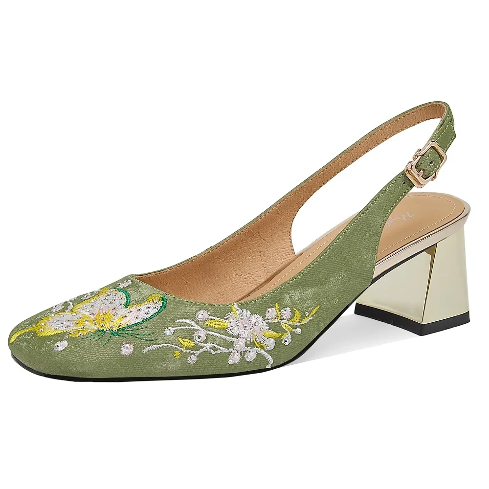 Women's Summer New Slim 5.5 CM Block Heel Genuine Leather Embroidered Crystals Buckle Strappy Open Back Square Toe Pumps 50619