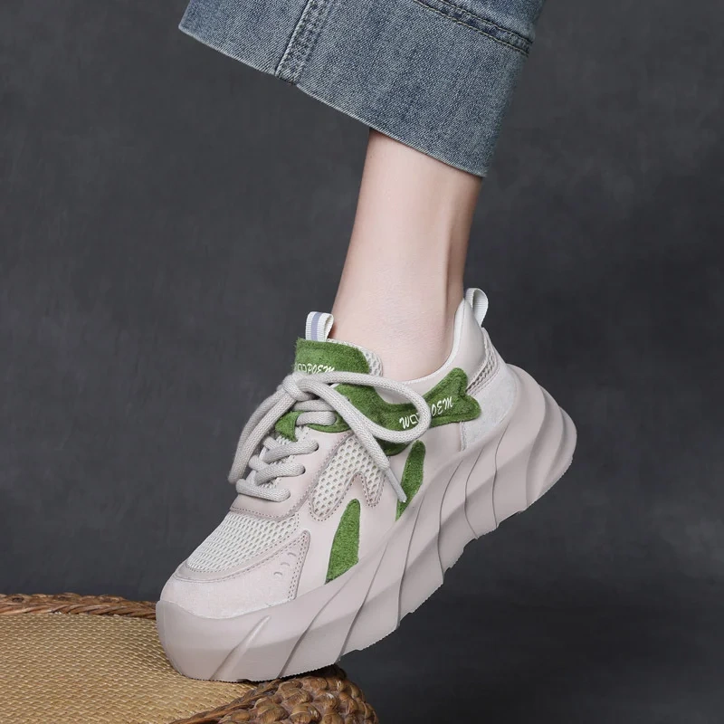Women's Spring Summer Slim Fit 5 CM Thick Sole Genuine Leather & Mesh Patchwork Cross Lace-Up Casual Flat Shoes 50602