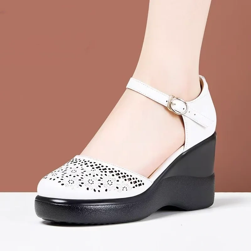 Women's Summer New Slim Leather Cut Out Wedge Round Toe Platform Shallow Mouth Ankle Strap Buckle Casual Gladiator Sandals 50709