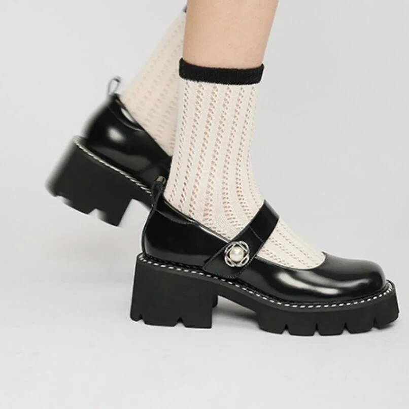 Spring Autumn New British Style Retro Thick High Heels Platform Rhinestone Belt Buckle Patent Leather Women Mary Janes Pumps