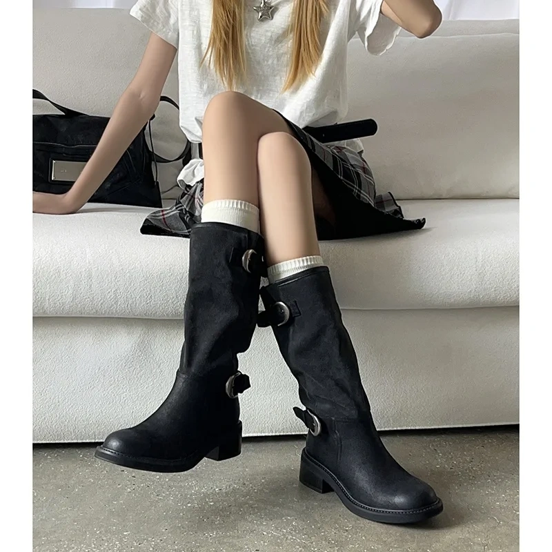 Women's 2025 Autumn Winter Color-Blocking Genuine Leather Buckle Round Toe 4.8CM Block Heel Retro Mid-Calf Stacked Boots 50730