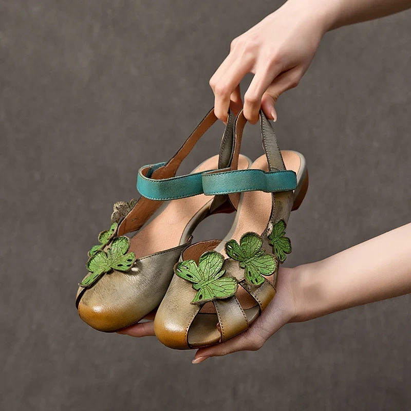 Women Summer New 2.5CM Low Heel Genuine Leather Cut Out Open Back Color Block Floral Single Strap Hook&Loop Retro Sandals 50626