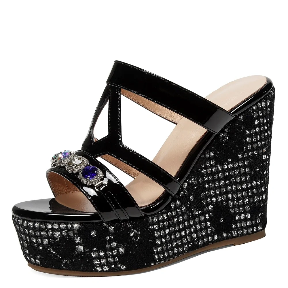Women's Summer New Slim 12 CM Wedge Heel Genuine Leather Peep Toe Crystals Bling Platform Gladiator Slippers 50610