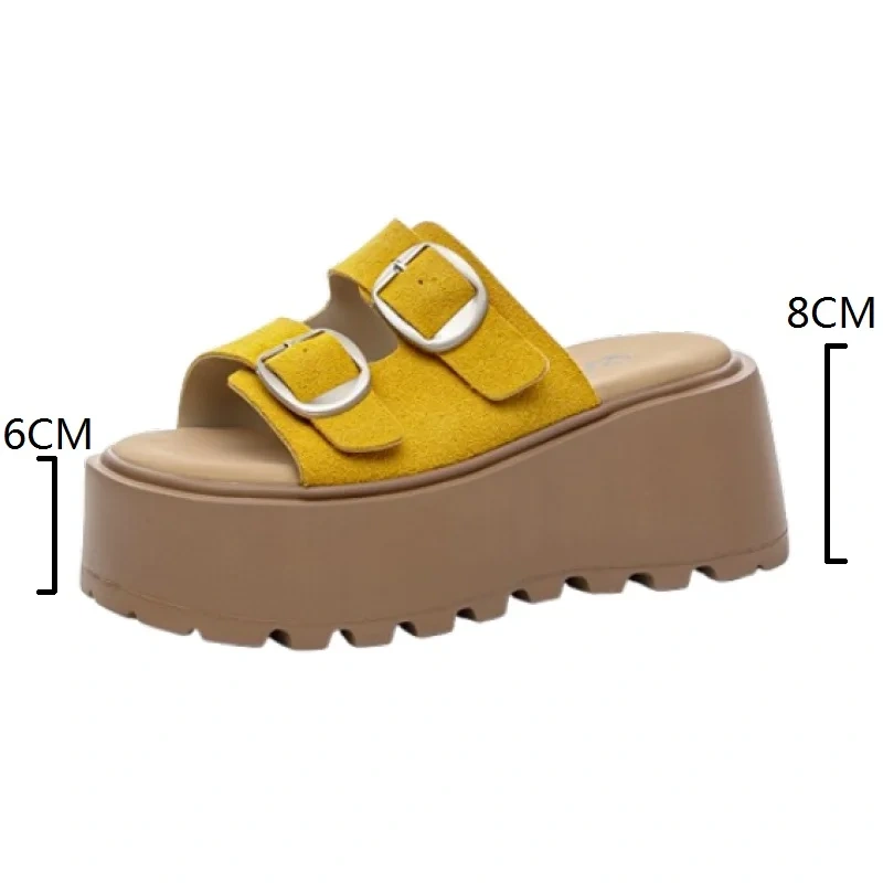 Women's Summer New 8CM Platform Sole Suede Open Toe Solid Color Belt Buckle Open Back Round Toe Yellow Fashion Slides 50713