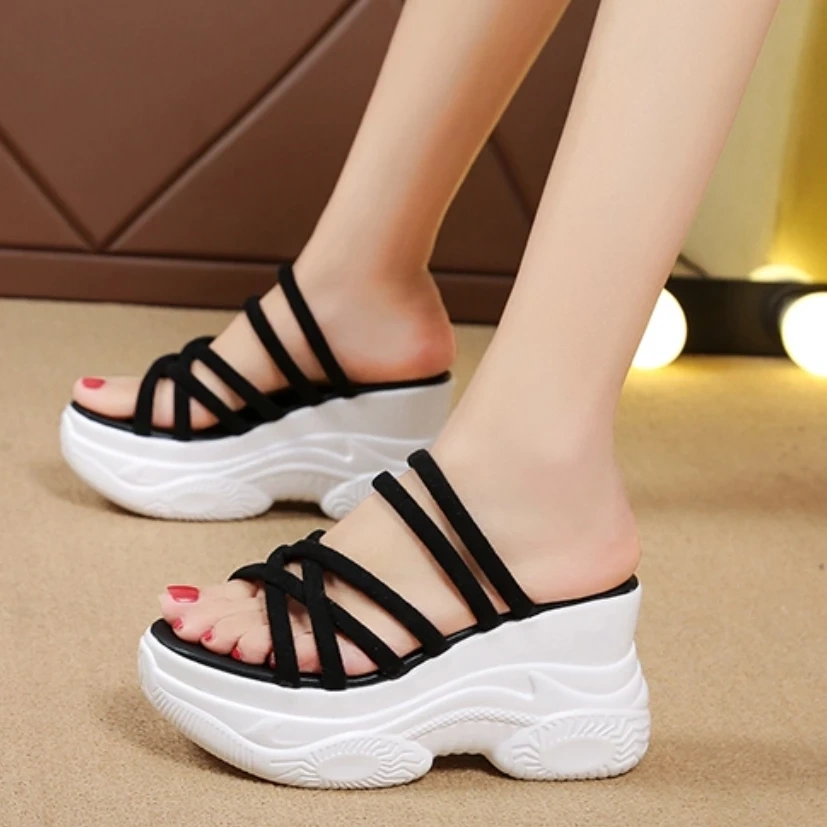 Women's Summer New Fashion Slim Fit 8CM Platform Cross Strap Peep Toe Shoes Cut Out Wedge Round Toe Solid Color Slippers 50712