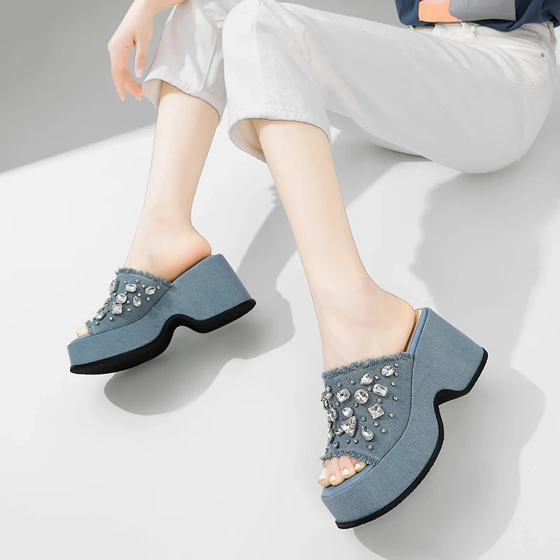 Women's Summer New Slim 9 CM Chunky Heel Denim Crystals Open Toe Wedge Platform Fashion Slippers 50607
