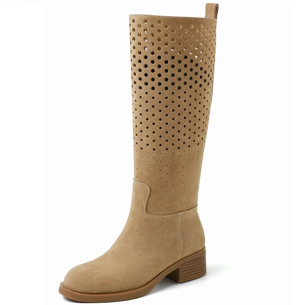 2025 New Women's Genuine Leather Cut Out Slim Fit 4.5CM Block Heel Round Toe Versatile Retro Slip-On knee High Boots 50722