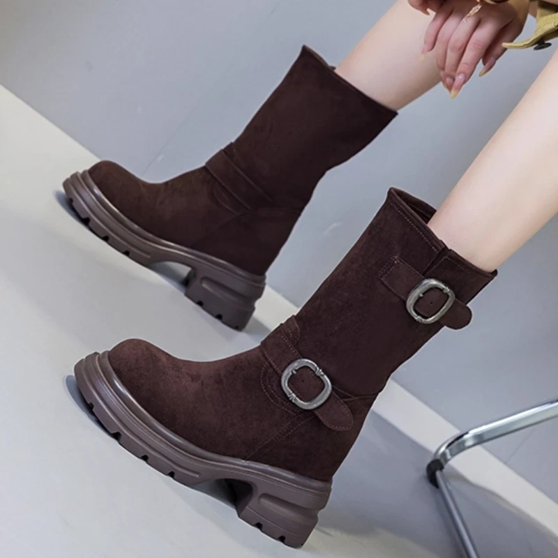 Women's Autumn Suede Genuine Leather Metal Buckle Slip On Solid Color Retro Round Toe 12CM Heel Casual Mid Calf Boots 50807