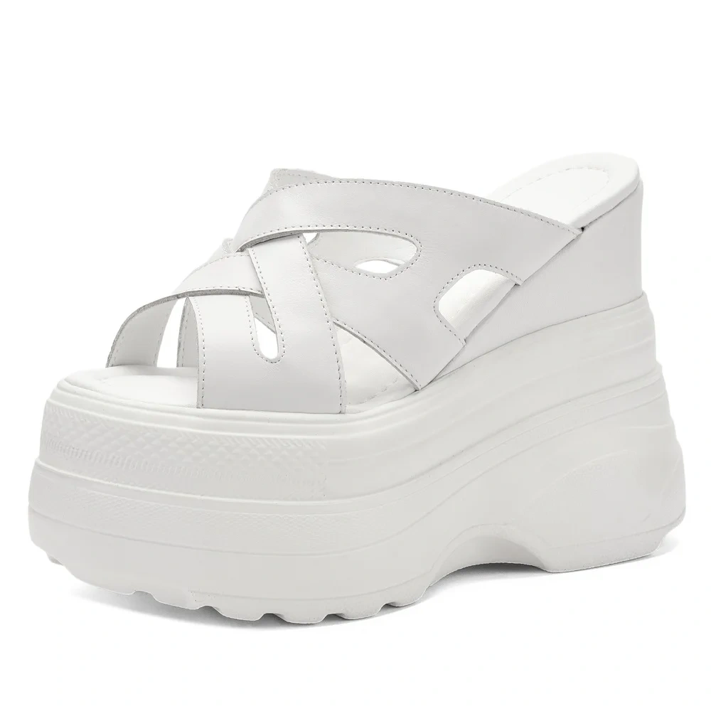 Women's Summer 14 CM Wedge Platform Genuine Leather Roman Slippers Open Toe Gladiator Hollow Out White Sandals 50521