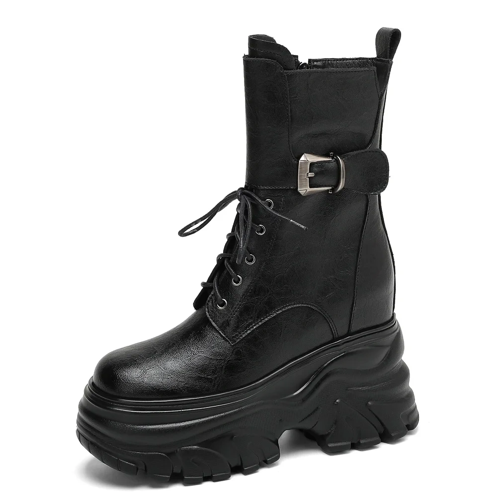 New Autumn Winter Women's Genuine Leather 12cm Thick Sole Inner Height Belt Buckle Lace-up Platform Slimming Ankle Boots 50930