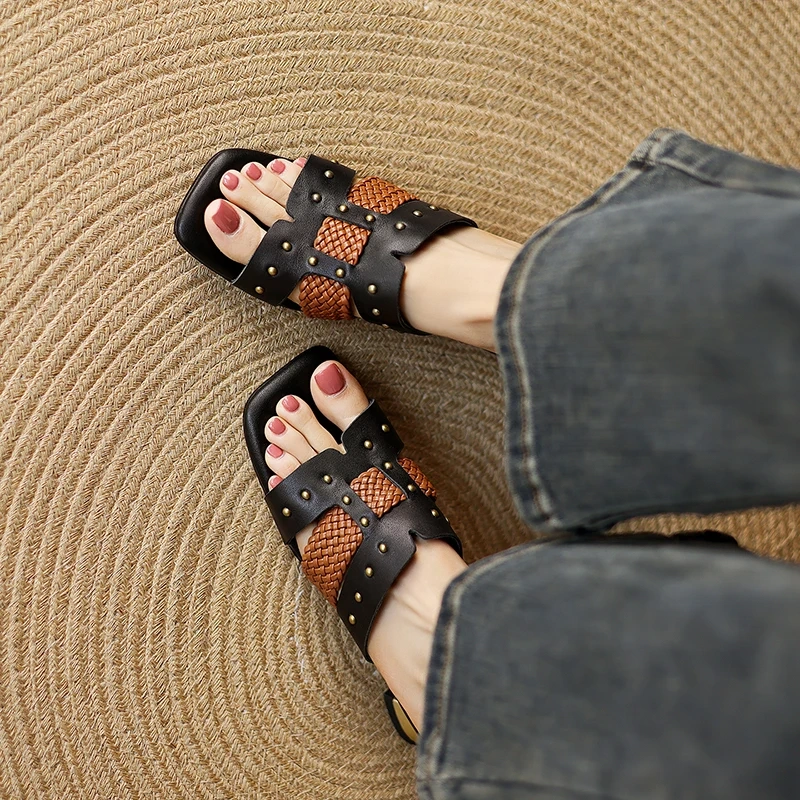 Women's Summer Fashion 4.5 CM Heel Slim Fit Genuine Leather Color Block Open Toe Black Woven Rivet Cut Out Casual Slippers 50613
