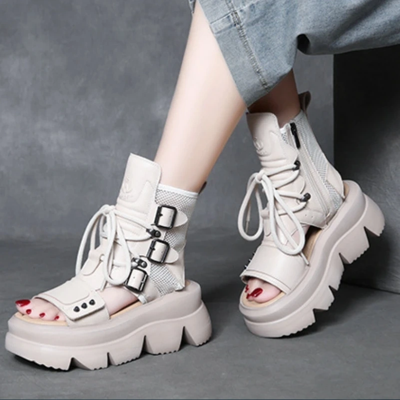 Women's 7 CM Thick Sole Slim Real Leather Open Toe Slingbacks Metal Platform Buckle Lace Up Zipper Cut Out Summer Boots 50531