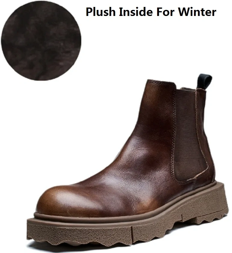 Spring Autumn New British Style Retro Simple Sewing Genuine Leather Men Ankle Winter Plush Short Chelsea Boots