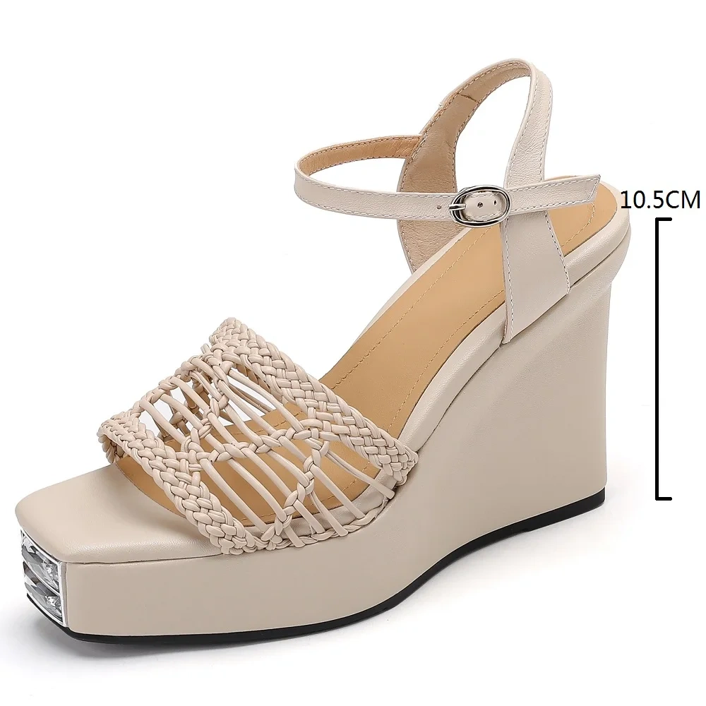 Women's Summer New 10.5CM High Wedge Heel Genuine Leather Braided Square Toe Open-Toe Buckle Platform Gladiator Sandals 50711
