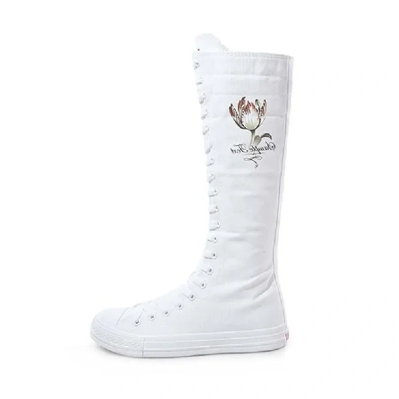 Women Dance Shoes Korean Style Slim Cross-tied Flowers Zipper Plus Size 42 43 Canvas Ladies Knee-High Long Equestrian Boots 2301