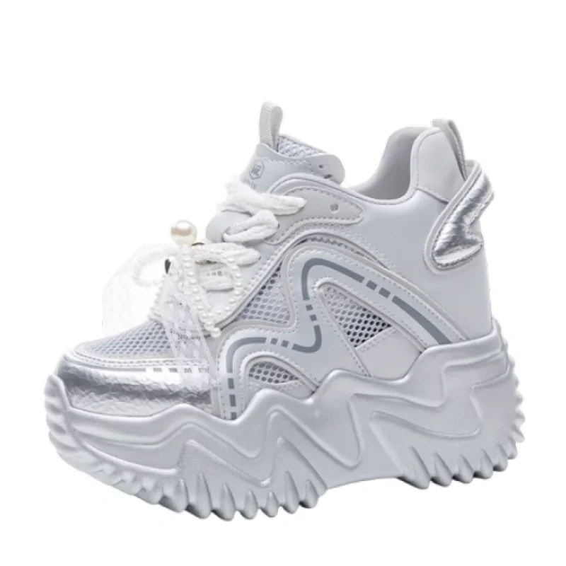 Women's Summer Fashion Genuine Leather & Mesh Breathable 12 CM Platform Wedge Sneakers Pearl Lace-Up Ribbon Shoes 50523
