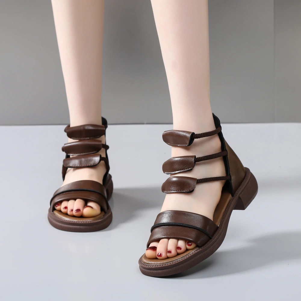Women's Summer Flat Sandals Genuine Leather Solid Color Peep-Toe Zipper Casual Beach Gladiator Strappy Sandals Plus Size 50712