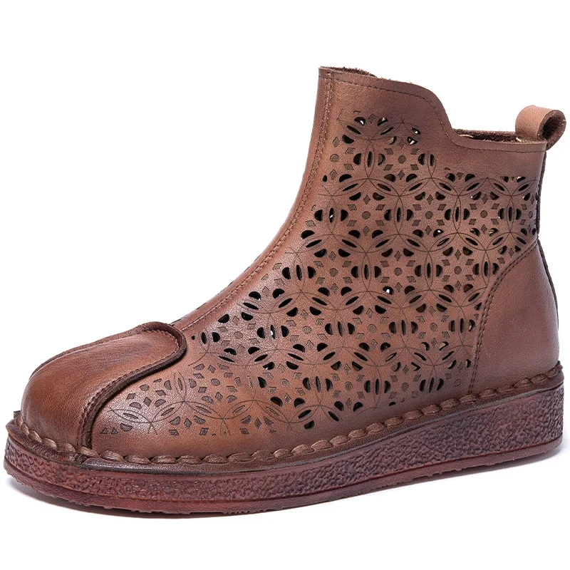 Women's Spring Summer Slim Fit 3 CM Thick Sole Genuine Leather Embossed Floral Cut Out Retro Zip Stitch Ankle Boots 50602