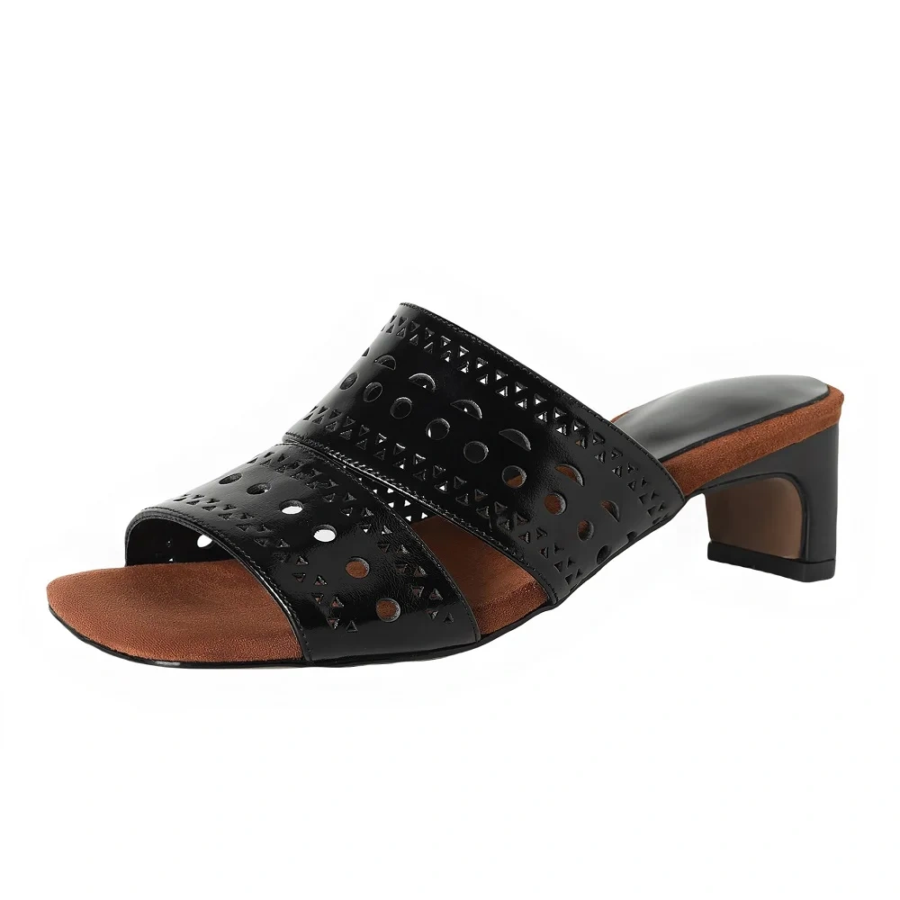 Women's Summer Fashion 5 CM Heel Genuine Leather Open Toe Vintage Hollow-Out Slide Flip Flops 50528