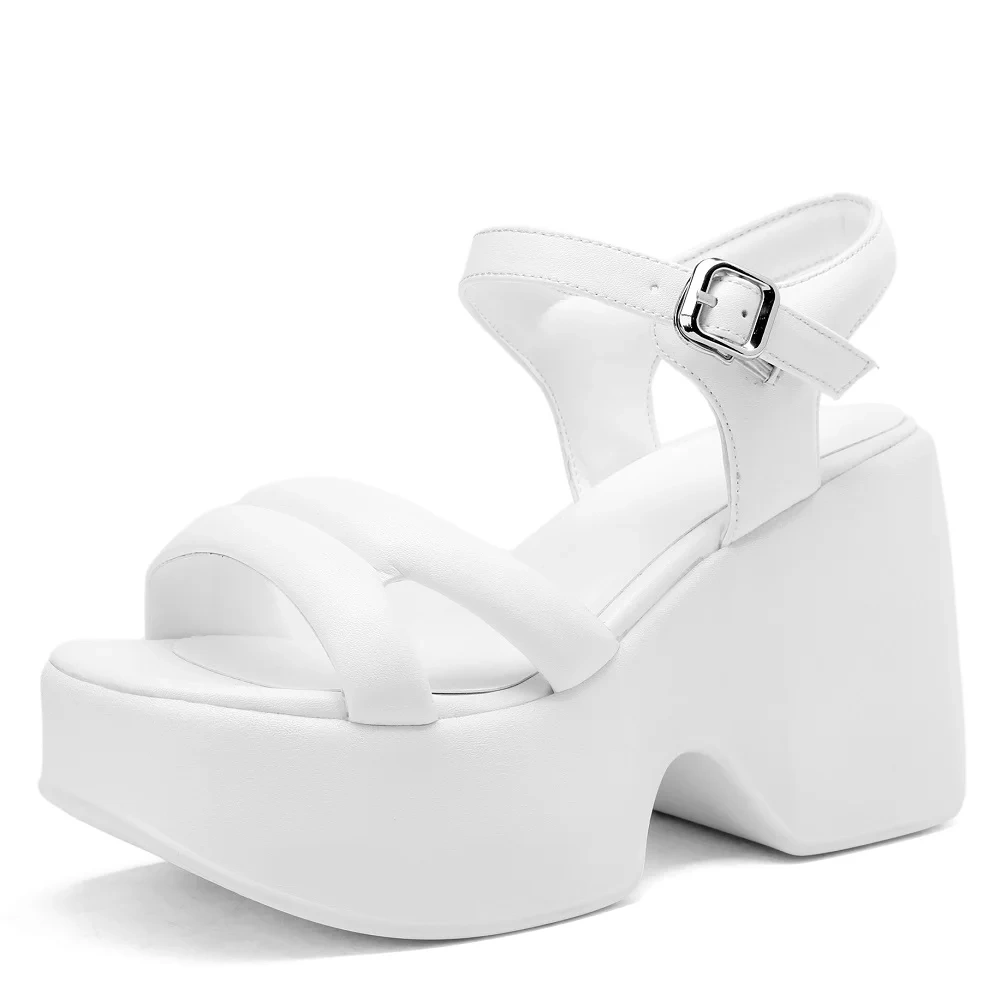 Summer New Korean Style 10 CM High Heels Wedges Platform Peep Toe Buckle Strap Genuine Leather Women Gladiator Modern Sandals