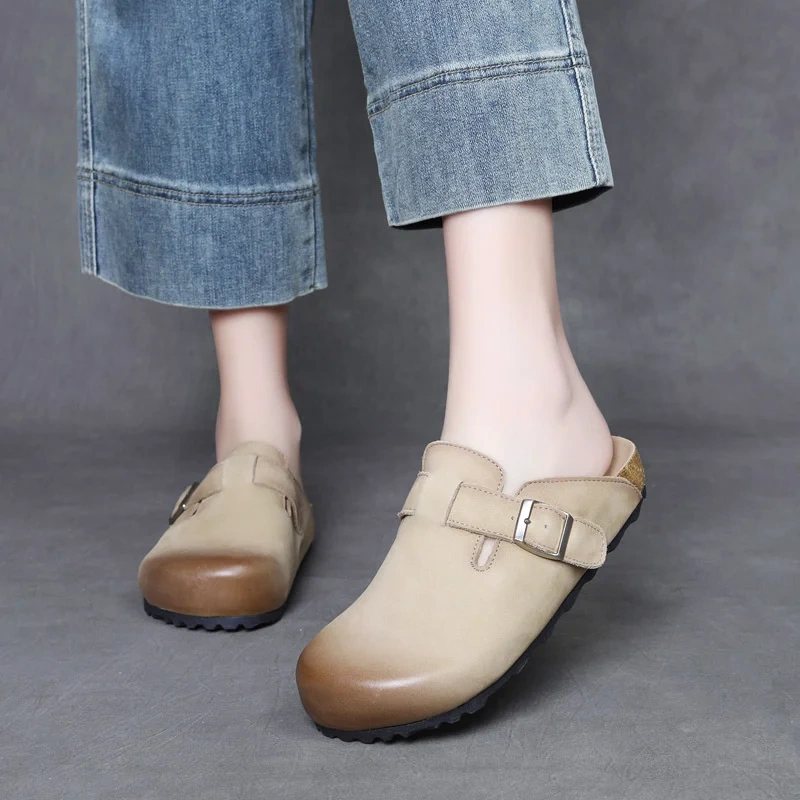 Women's Summer New Slim Fit 2.5 CM Platform Genuine Leather Round Toe Burnished Metal Buckle Flat Slip On Casual Slippers 50603