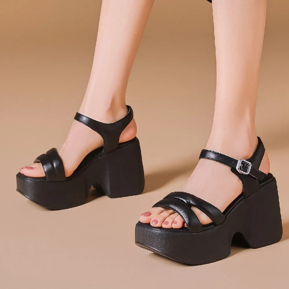 Summer New Korean Style 10 CM High Heels Wedges Platform Peep Toe Buckle Strap Genuine Leather Women Gladiator Modern Sandals