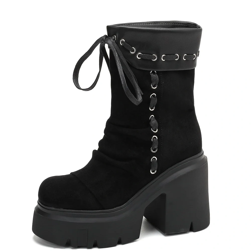 Black Concise Slimming Height Increasing Short Boots 12CM Block Heel Suede Elastic Fabric Platform Platform Slip On Boots 50924