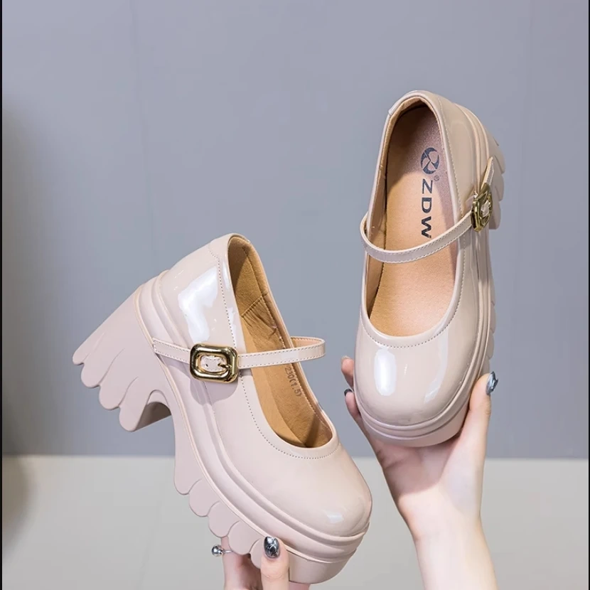 Women's Spring Summer Chunky Heel 10CM Pointed Toe Genuine Leather Buckle Strap Round Toe Breathable British Style Pumps 50714