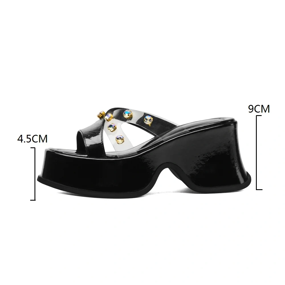 Women's Summer 9 CM Thick Platform Wedge Genuine Leather Slippers Rhinestones Patent Leather Fashion Sandals 50516