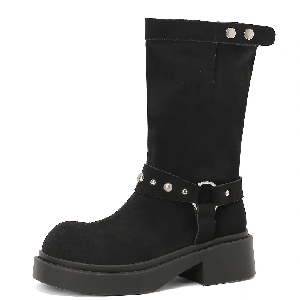 Women's Summer Autumn Winter Genuine Leather Retro Metal Buckle 5.5CM Chunky Heel Slip-On Round Toe Slim Stacked Boots 50727