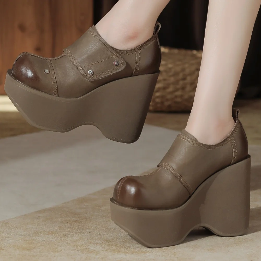 Spring Autumn New British Style Slim 12CM Super High Heels Platform Rivet Sewing Genuine Leather Women Modern Loafers Shoes 2409
