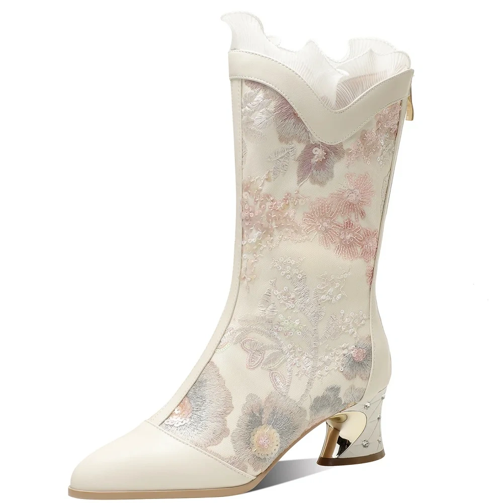 Women Spring 5.5CM Chunky Heel Crystals Genuine Leather Embroidered Sequins Pointed Toe Lace Side Plus Size Mid-Calf Boots 50623