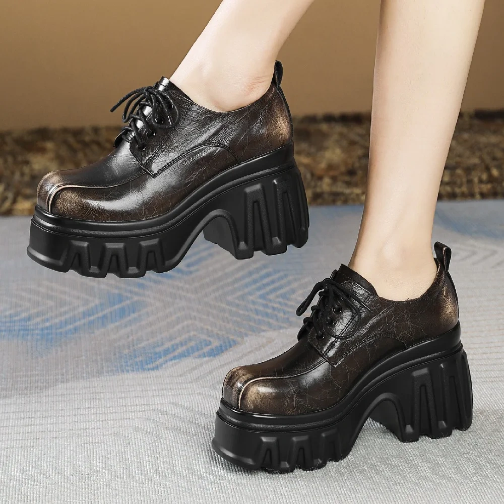 Spring Autumn New British Style Retro 10CM High Heels Platform Wedges Mixed Colors Lace-Up Genuine Leather Women Modern Pumps