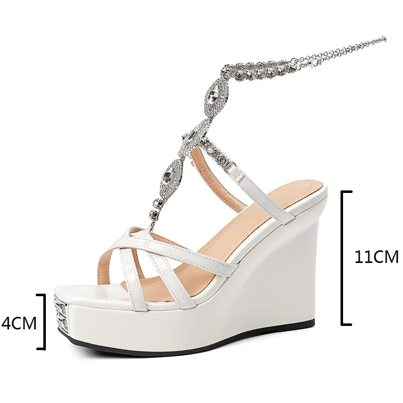 Women's Summer New Fashion 11CM Ultra High Wedge Heel Bohemia Crystals Chain Strappy Sandals Platform Peep Toe Sandals 50710