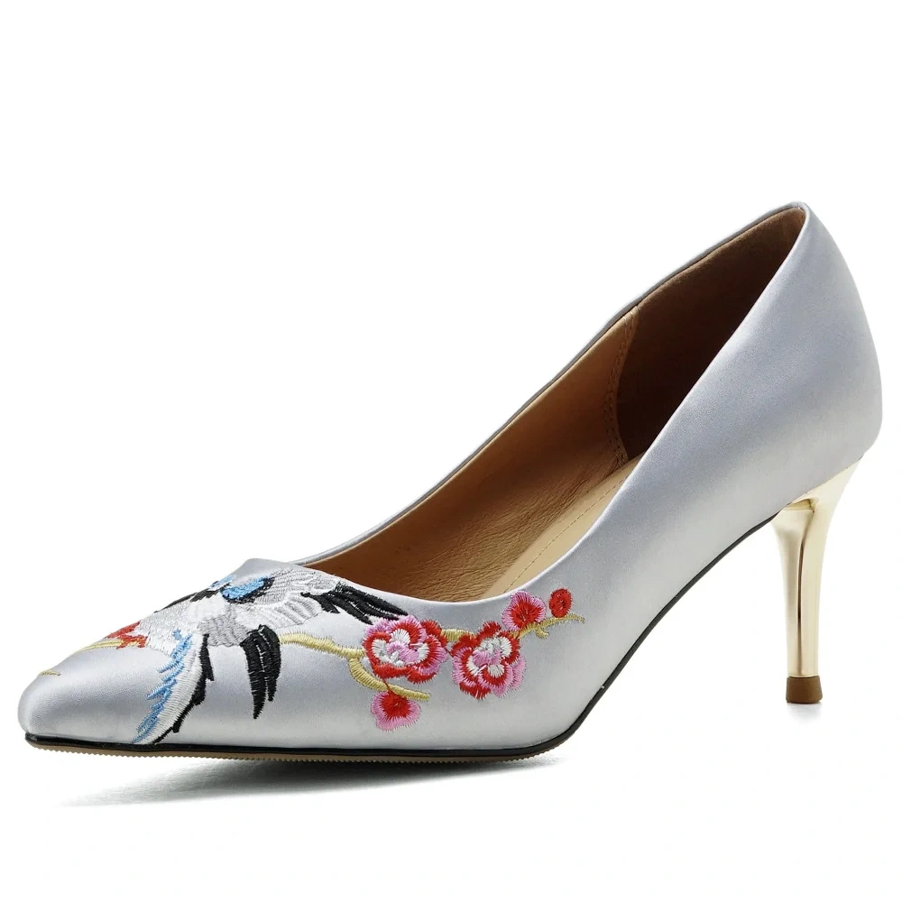 Women's Spring Summer Slim 6.5 CM High Heels Pointed Toe Shallow Mouth Stiletto Silk Embroidery Slip On Plus Size Shoes 50621