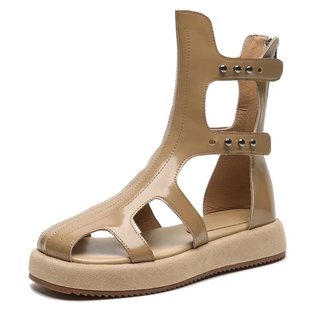 Women's Summer New Slim 4.5 CM Thick Sole Genuine Leather Platform Cut-Out Bling Rivets Gladiator Ankle Boots 50611
