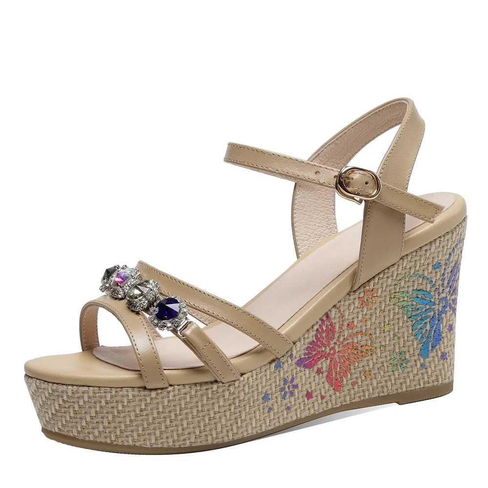 Women's Summer New Slimming 9.5 CM Wedge Heel Printed Genuine Leather Peep Toe Crystals Platform Single Strap Sandals 50610