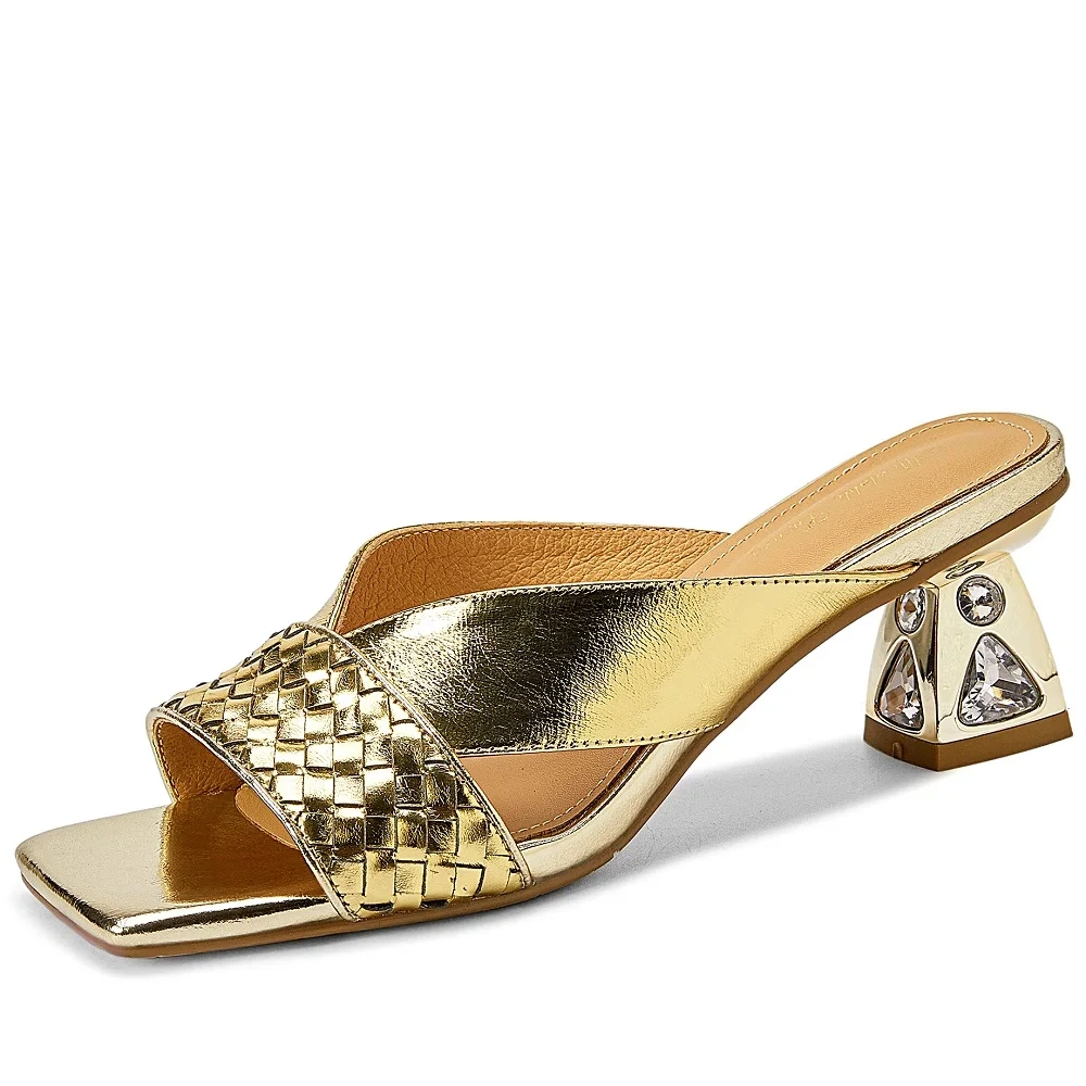 Women's Summer New Slim 6 CM Chunky Heel Crystals Genuine Leather Woven Open-Toe Square Toe French Vintage Slippers 50619