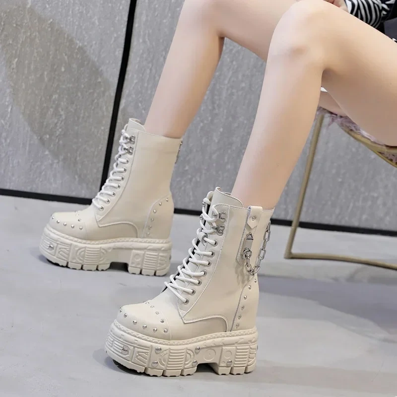 Spring Autumn Winter New Punk Style Height Increasing Platform Metal Chain Rivet Cow Leather Lace-Up Women Mid-Calf Modern Boots