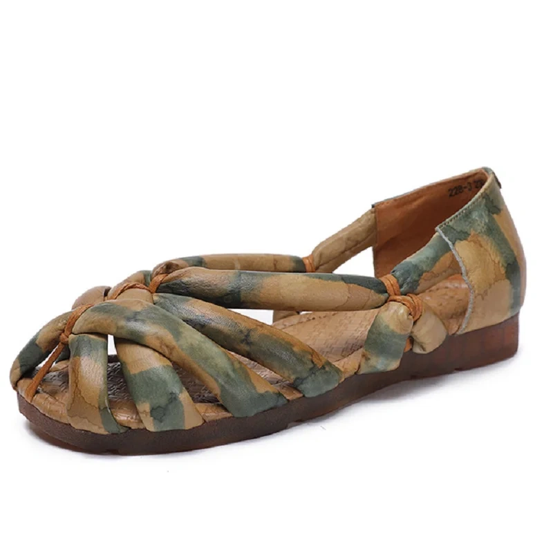 Women's Summer Genuine Leather Peep Toe Sandals Shallow Mouth Cutout Printed Cross Strap Slip On Casual Flats Shoes 50630