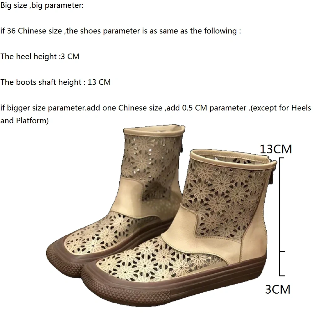 Women's Spring Autumn New Slim 3 CM Sole Square Toe Cut Out Printed Zipper Genuine Leather Retro Ankle Boots 50529
