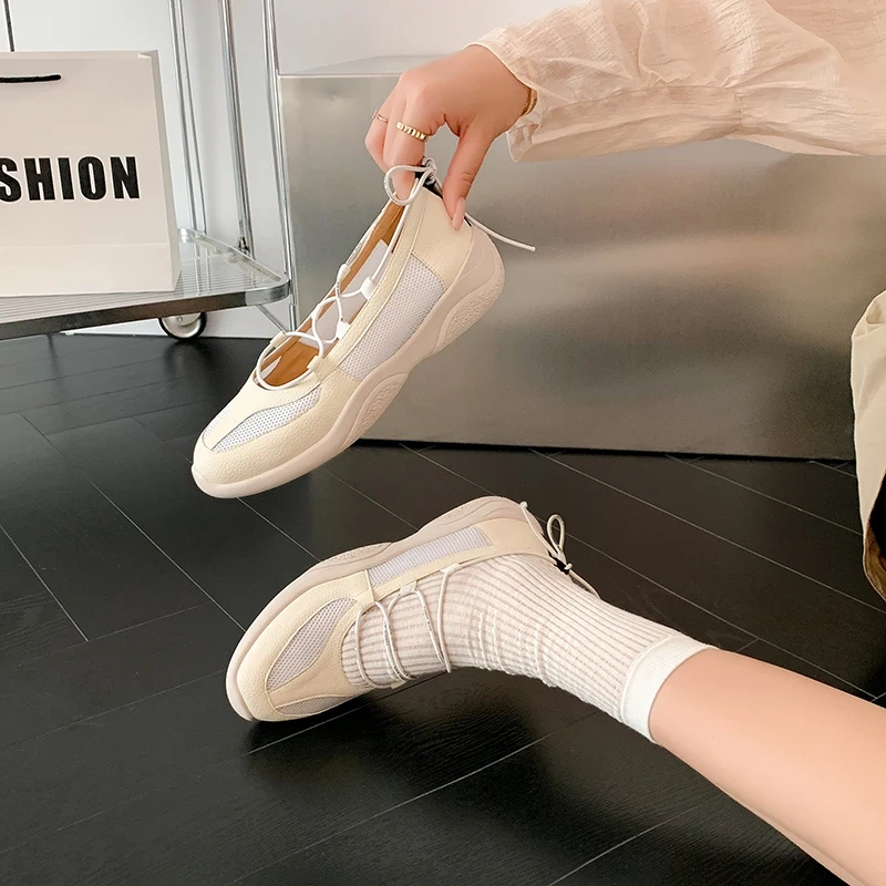 Women's Spring Summer New Slim 4.5 CM Thick Sole Genuine Leather Mesh Shallow Mouth Round Toe Cords-Tied Casual Flats 50611