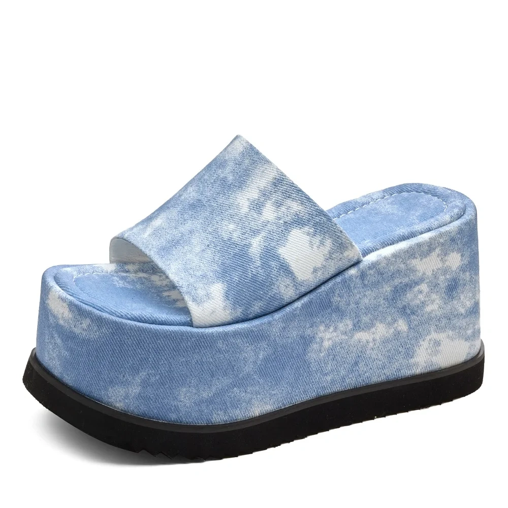 Women's Summer New Slim 8 CM Height Increasing Tie-Dye Gradient Color Peep Toe Platform Casual Gladiator Wedge Slippers 50618