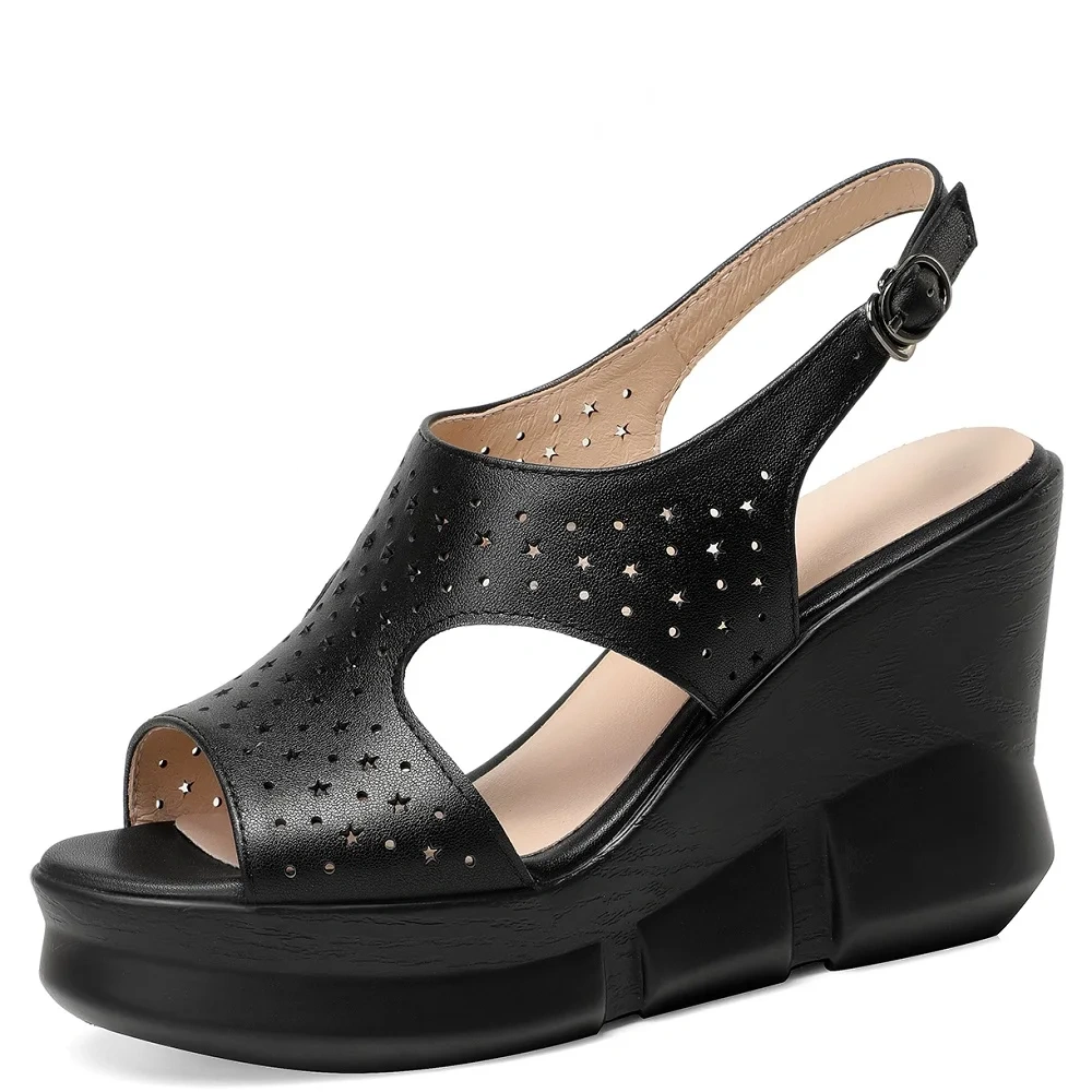Women's Summer New Slim 9.5 CM Wedge Heel Genuine Leather Cut Out Peep Toe Platform Buckle Strap Gladiator Sandals 50611