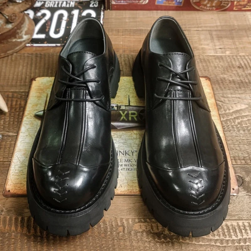 Spring Autumn New Arrival British Style Retro Chunky Bottom Round Toe Sewing Cross-tied Genuine Leather Men Business Shoes 2305