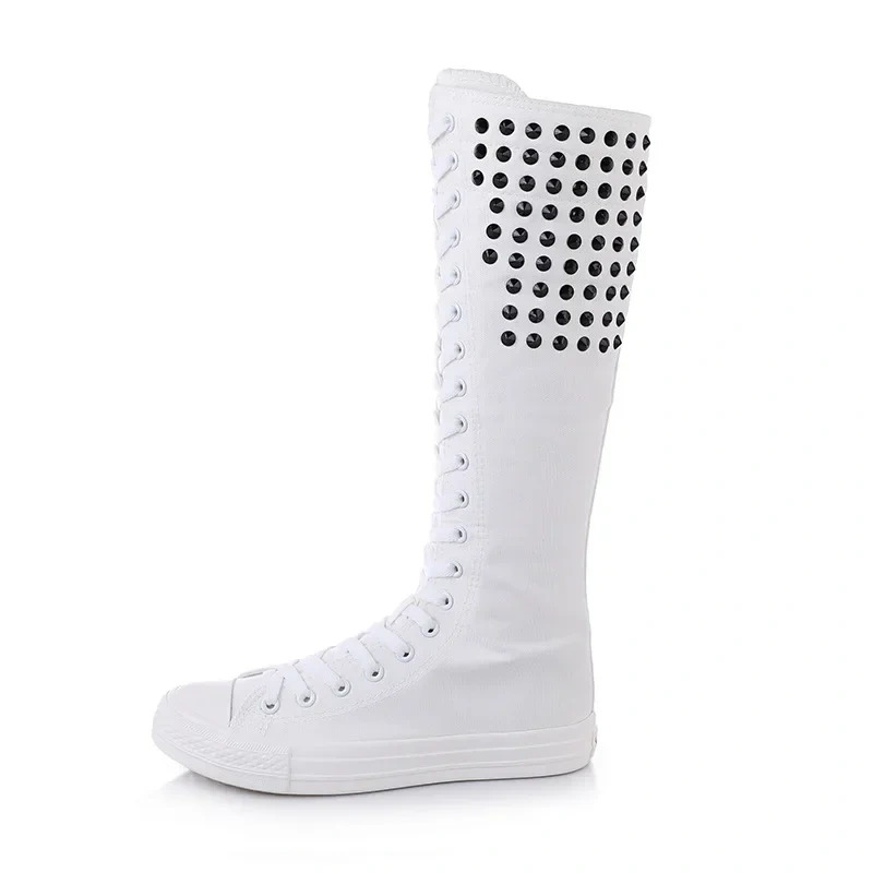 Women Knee-High Long Boots Korean Style Slim High-top Plus Size 42 43 Zipper Cross-tied Rivet Canvas Ladies Dance Shoes 2301