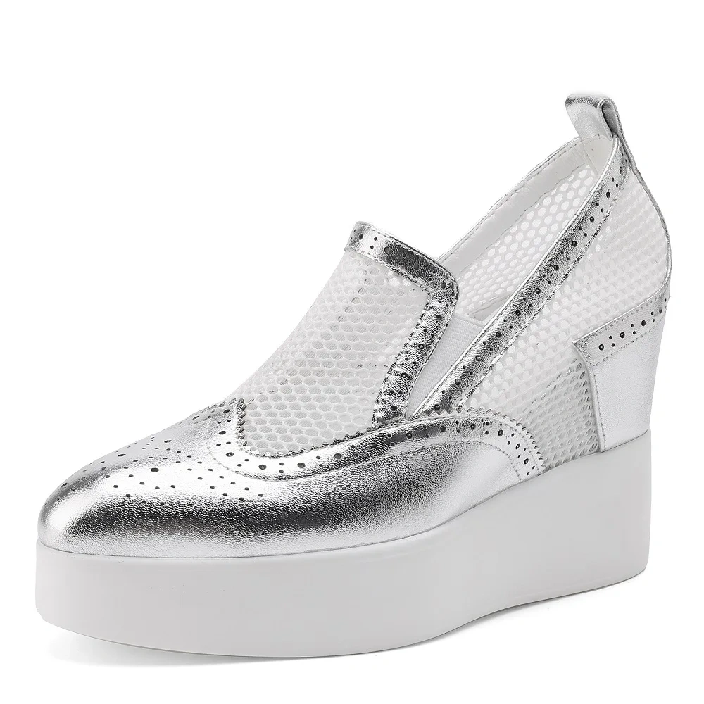 Women's Summer Fashion Slim 11CM Hidden Height Pointed Toe Slip On Genuine Leather & Mesh Hollow-Out Bright Color Shoes 50617