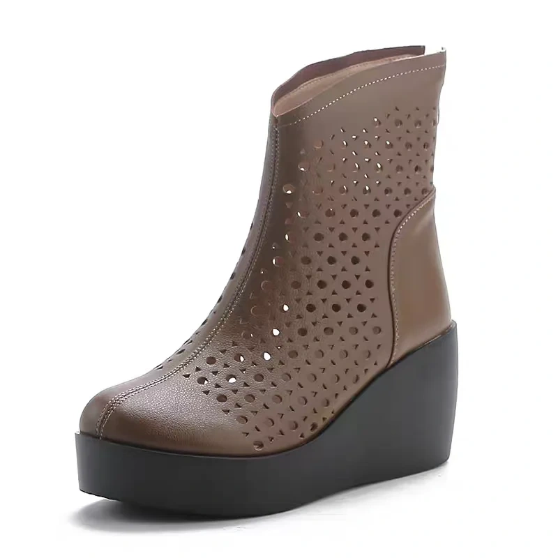 Women's Spring Summer Slim 7 CM Height Increasing Genuine Leather Cut Out Wedge Platform Breathable Zipper Ankle Boots 50604